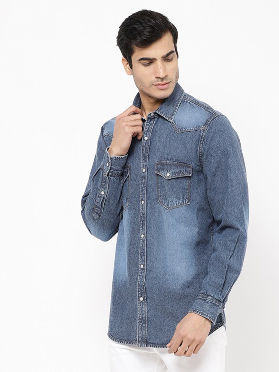 

STROP Men Navy Blue Slim Fit Faded Casual Shirt