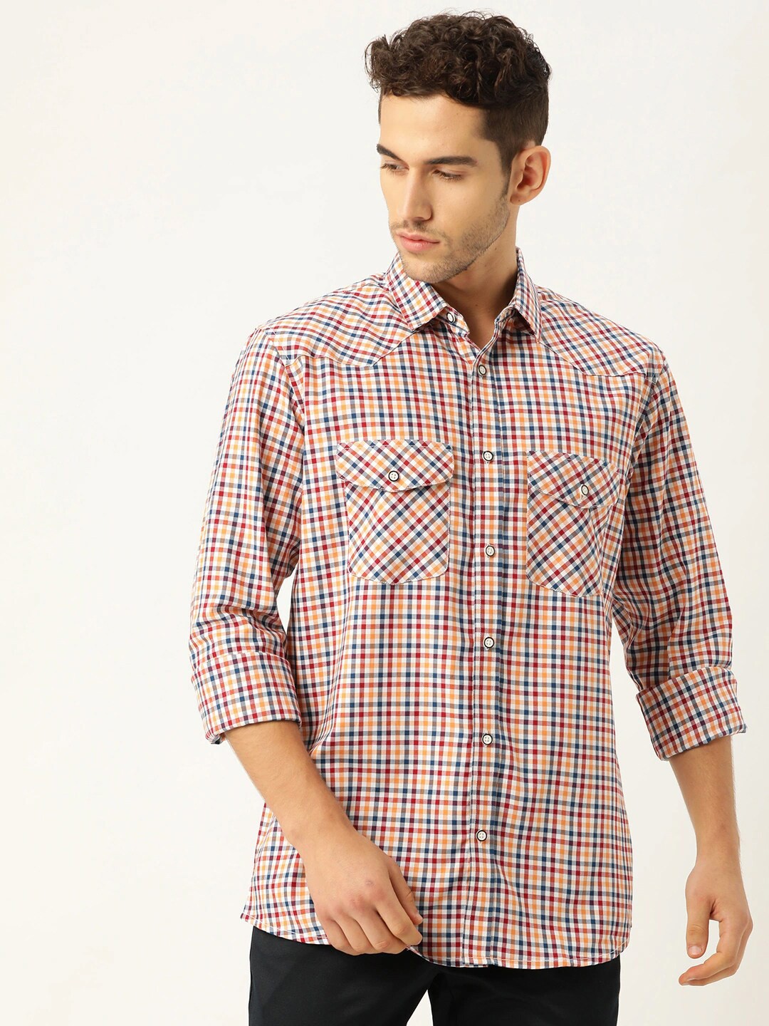 

STROP Men White Checked Cotton Casual Shirt