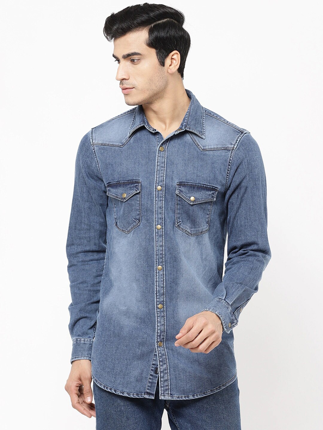 

STROP Men Navy Blue Slim Fit Faded Casual Shirt