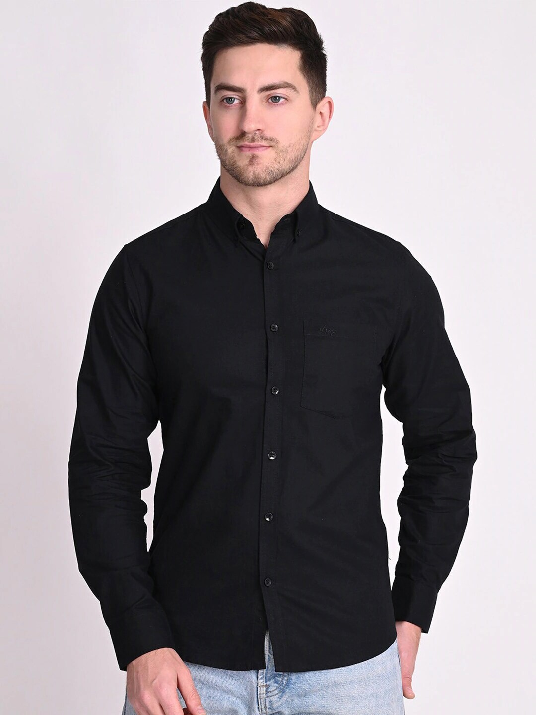 

STROP Men Black Casual Button Down Collar Shirt