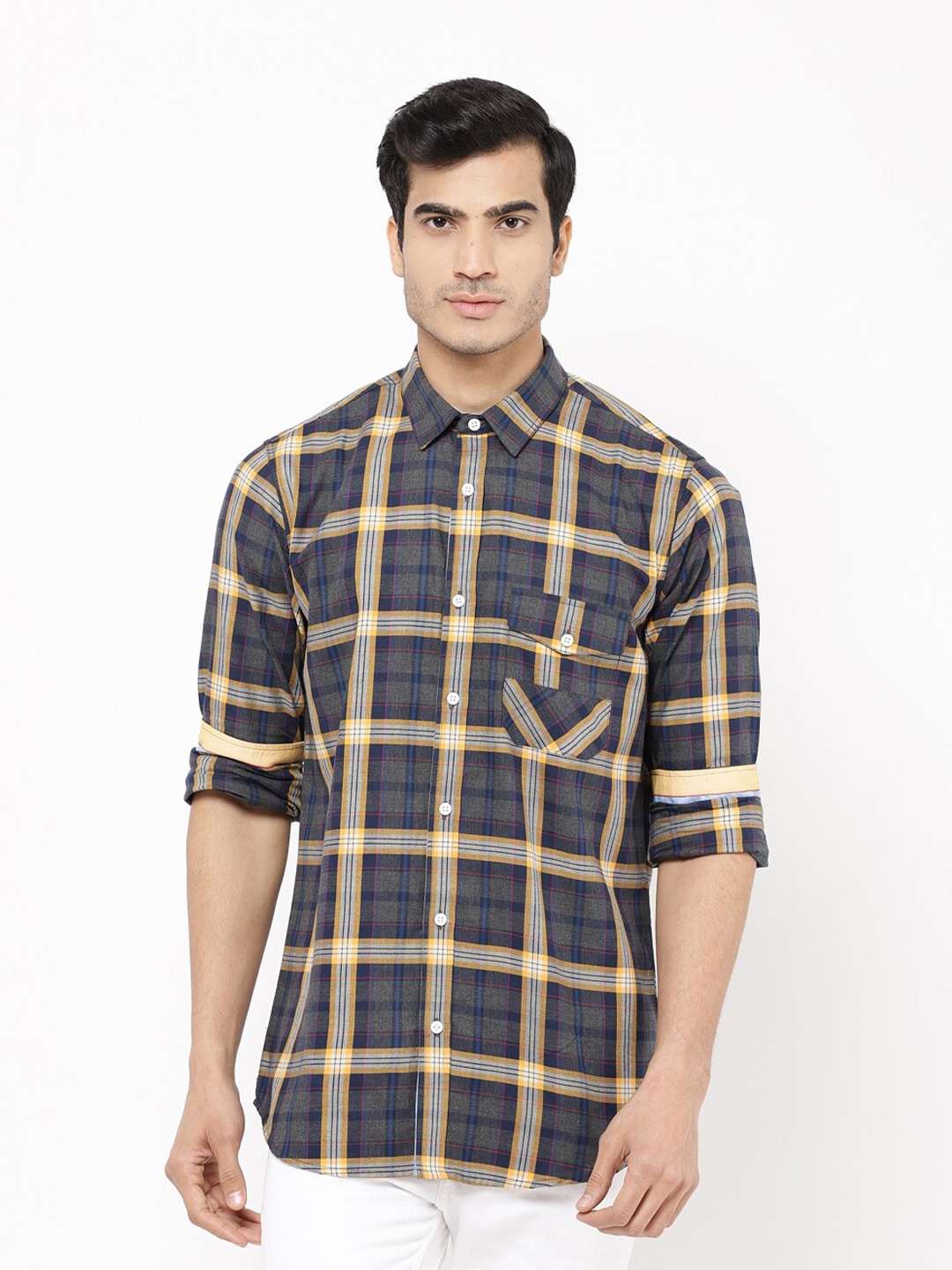 

STROP Men Grey Tartan Checked Casual Shirt
