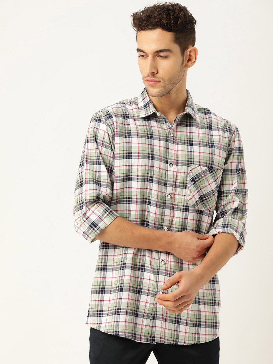 

STROP Men White Tartan Checks Checked Casual Shirt