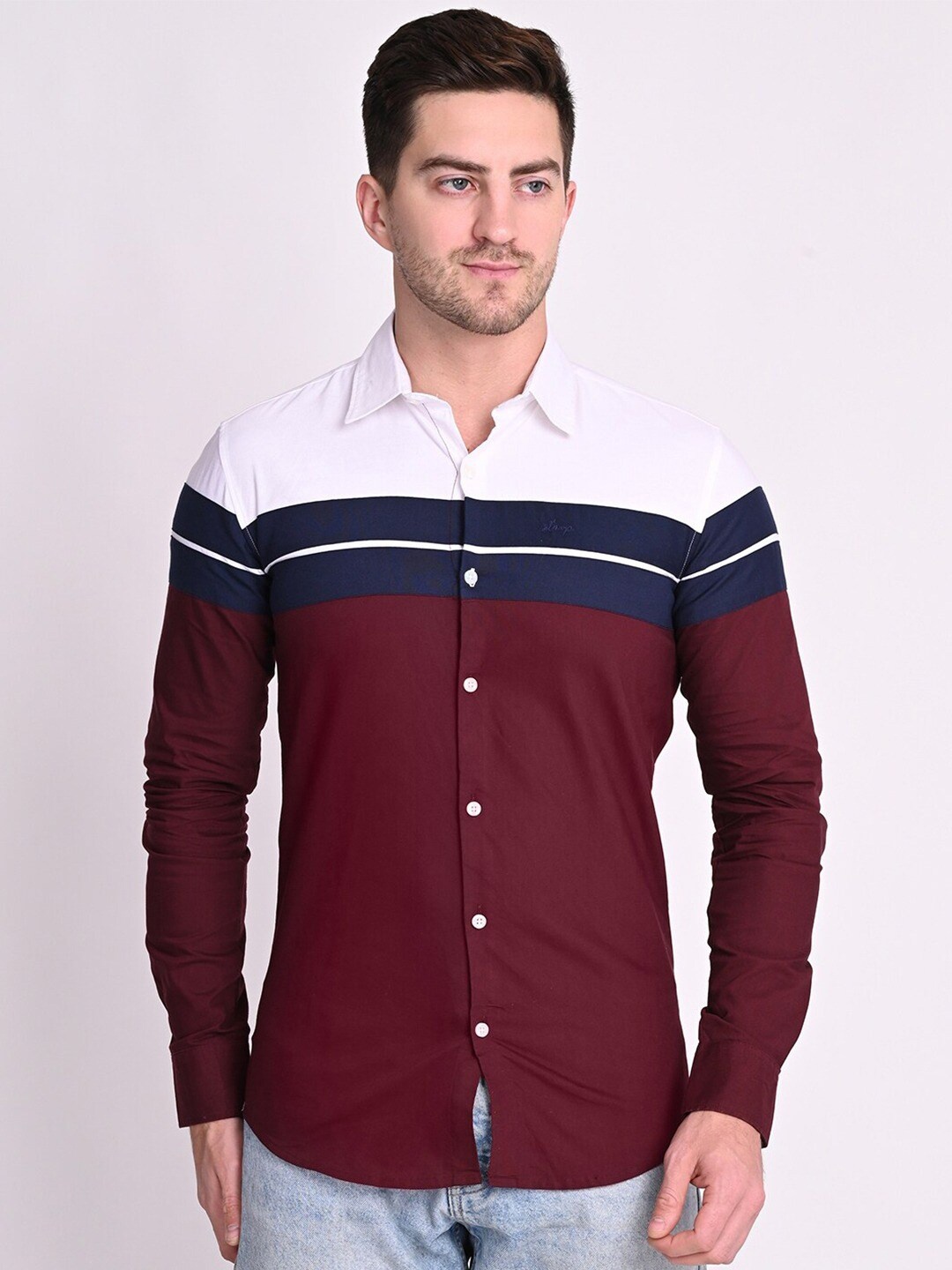

STROP Men White Horizontal Stripes Cotton Casual Shirt
