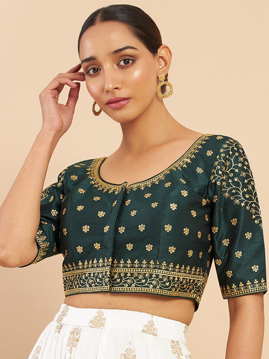 

Soch Green & Gold-Coloured Embroidered Art Silk Saree Blouse