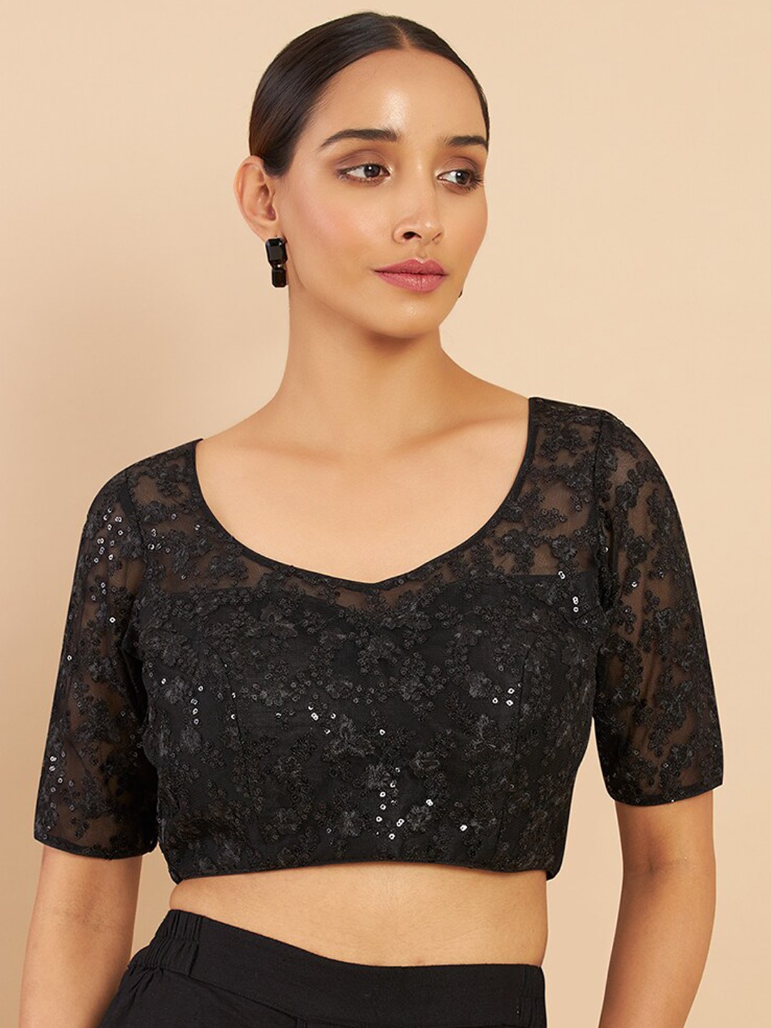 

Soch Black Sequins Embroidered Saree Blouse
