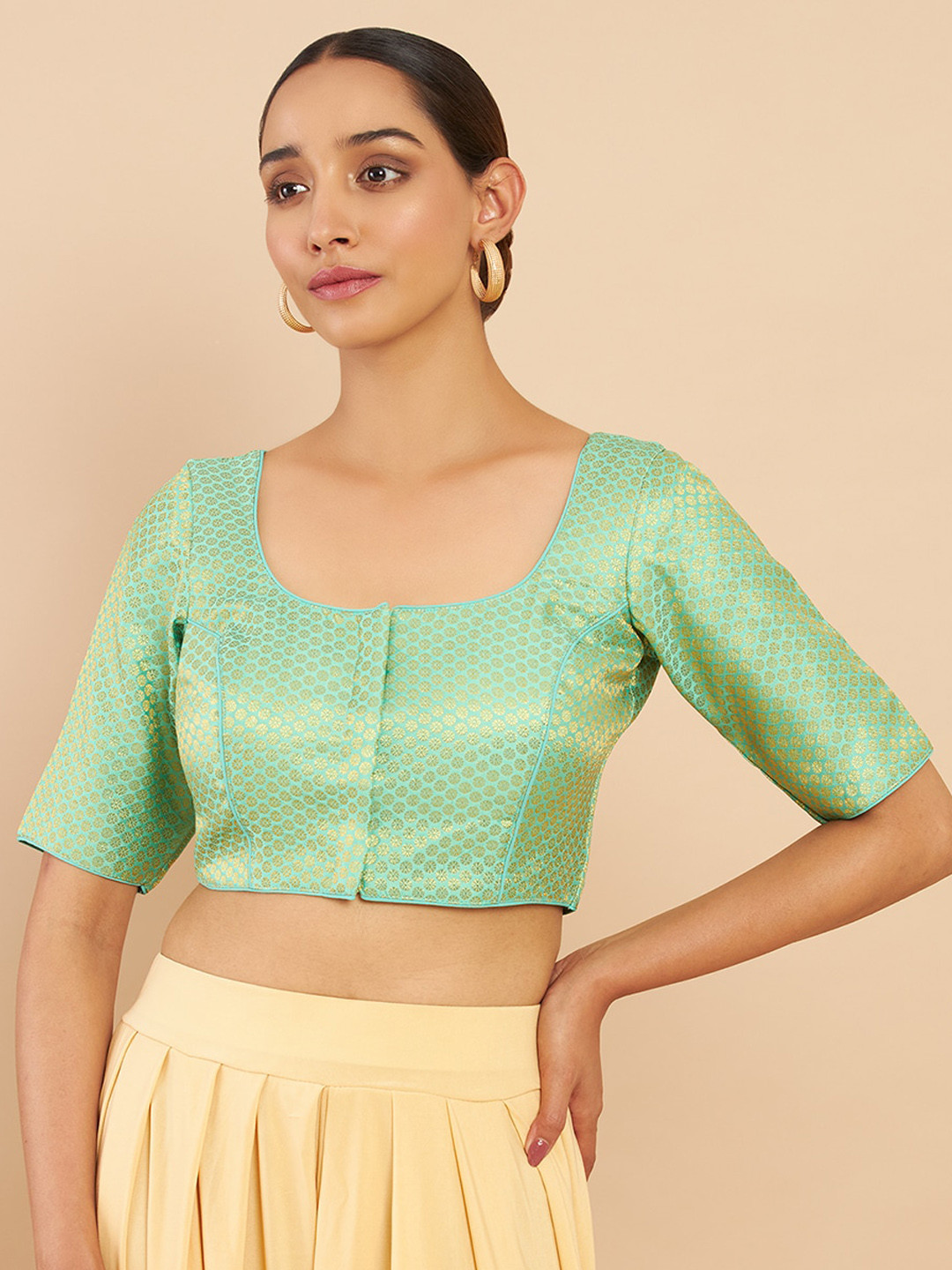 

Soch Women Pista Green & Golden Printed Silk Saree Blouse
