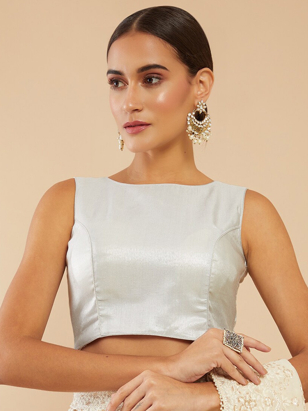 

Soch Silver Boat Neck Art Silk Saree Blouse
