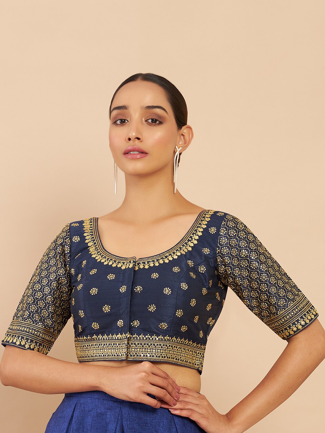 

Soch Women Navy Blue & Gold Embroidered Saree Blouse