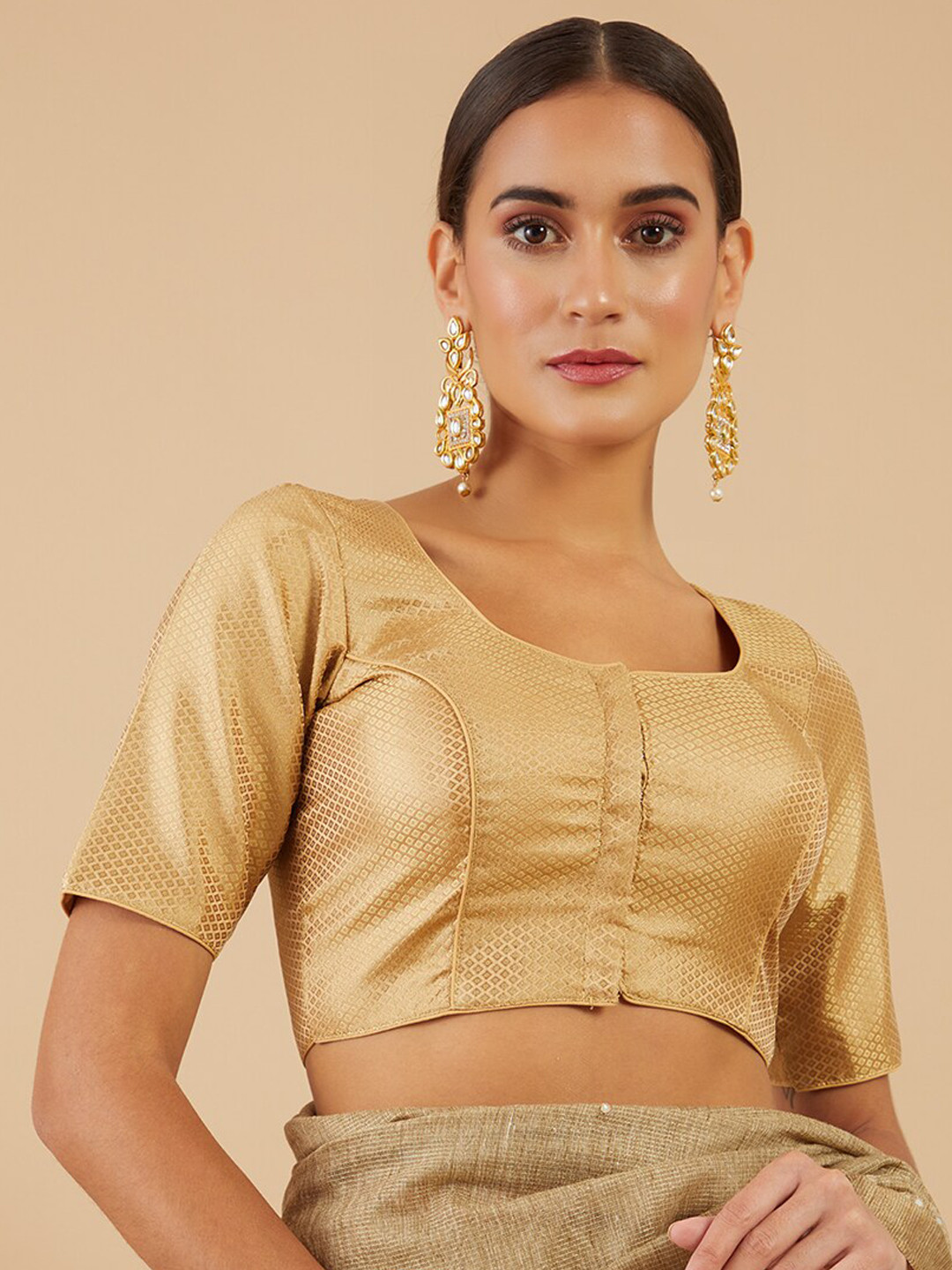 

Soch Women Golden Brocade Weaving Silk Saree Blouse, Gold