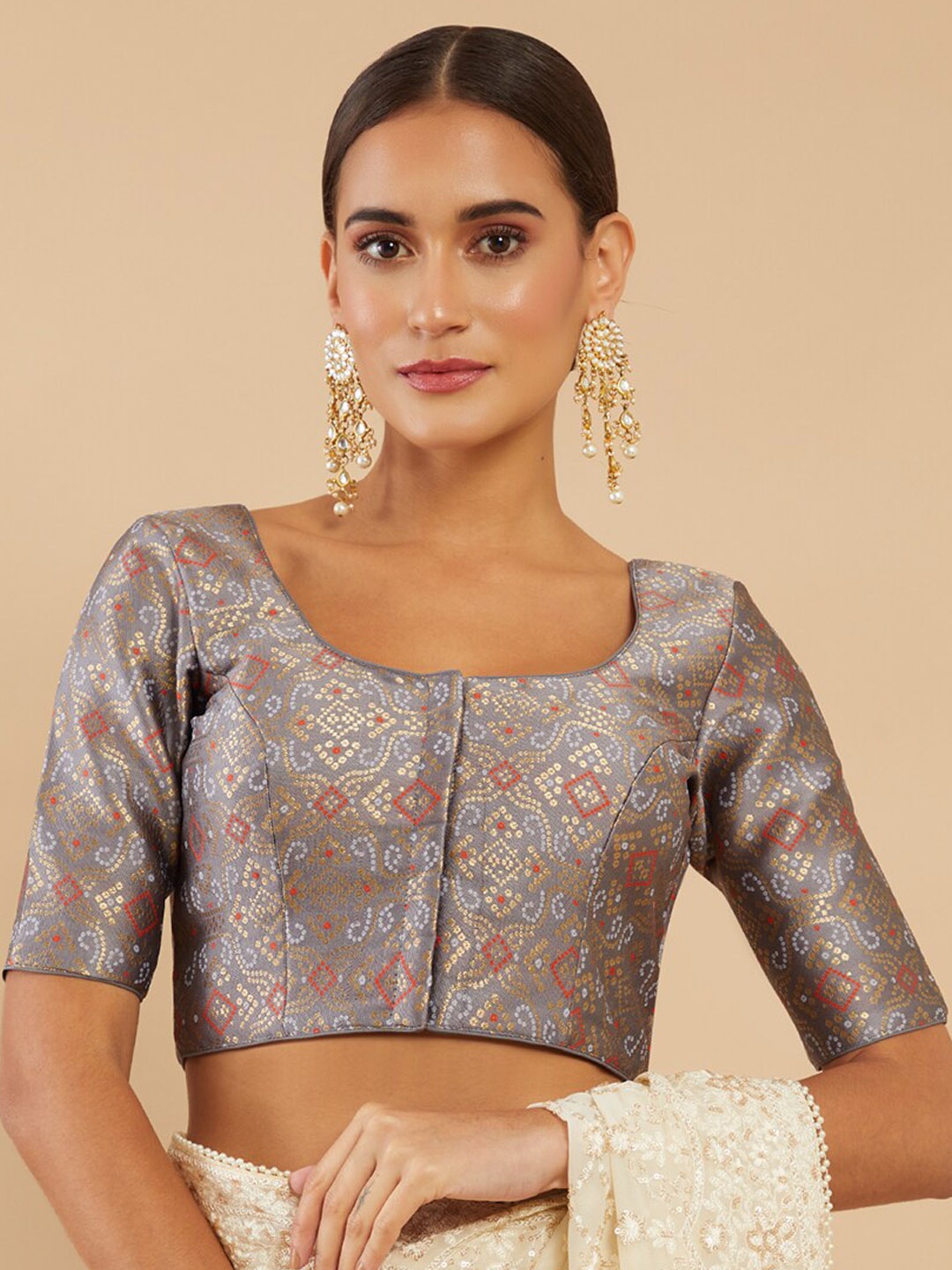 

Soch Women Grey Brocade Designs Saree Blouse