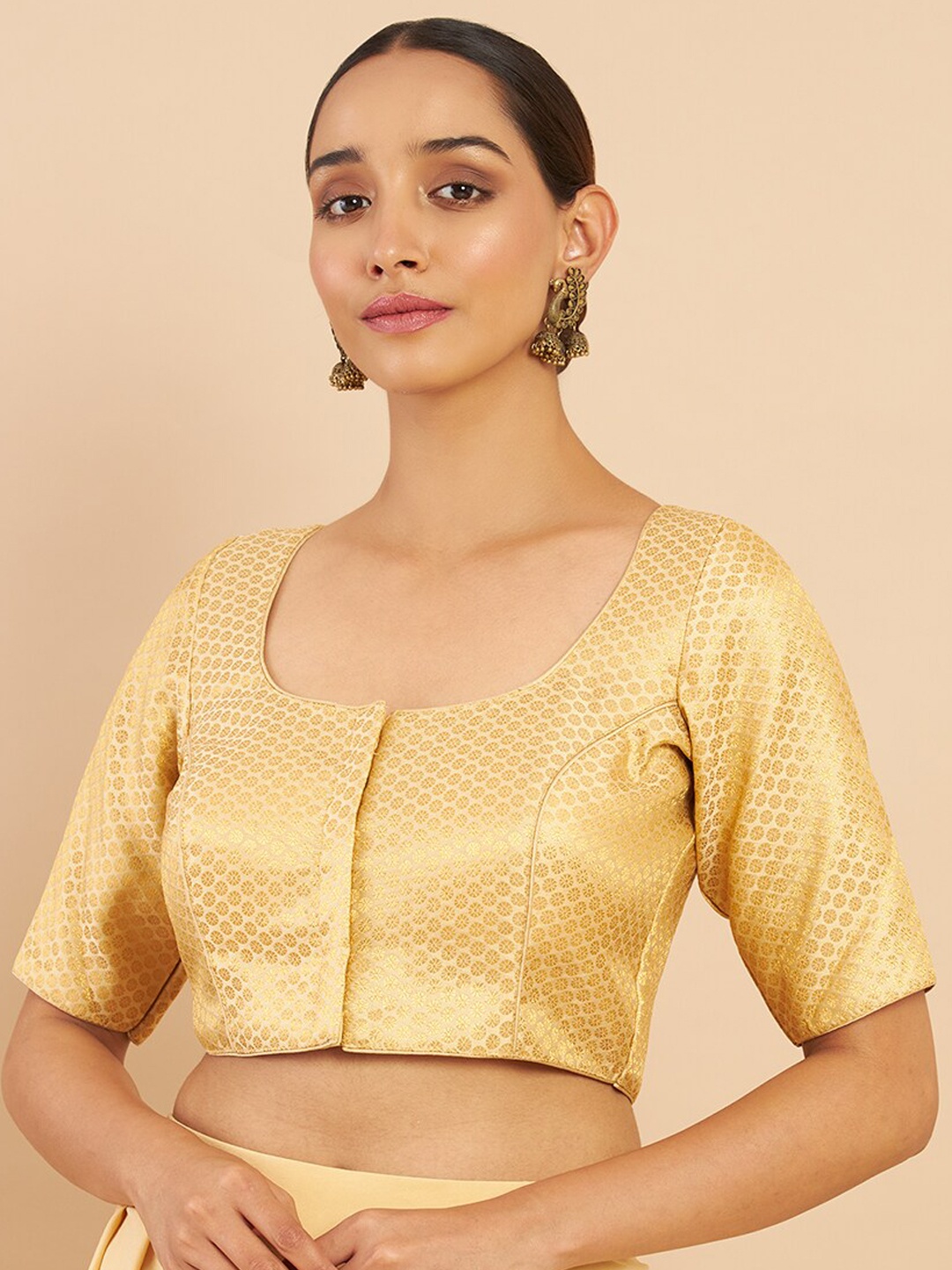 

Soch Women Gold -Toned Silk With Brocade Weaving Saree Blouse
