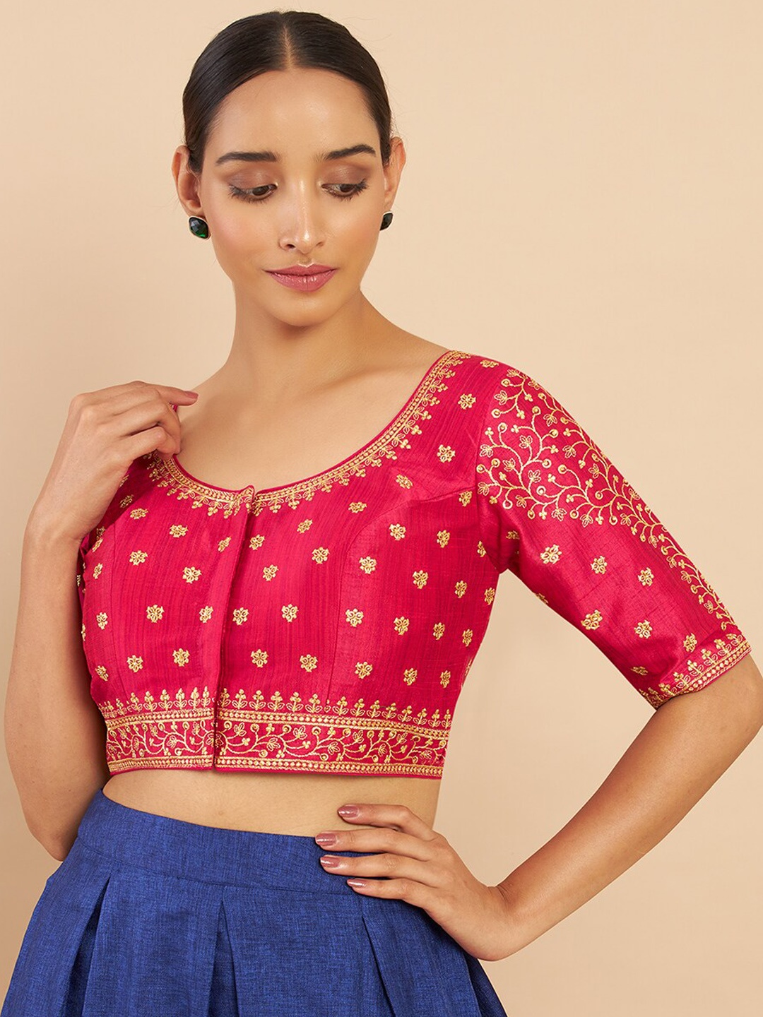 

Soch Red & Gold-Coloured Embroidered Art Silk Saree Blouse