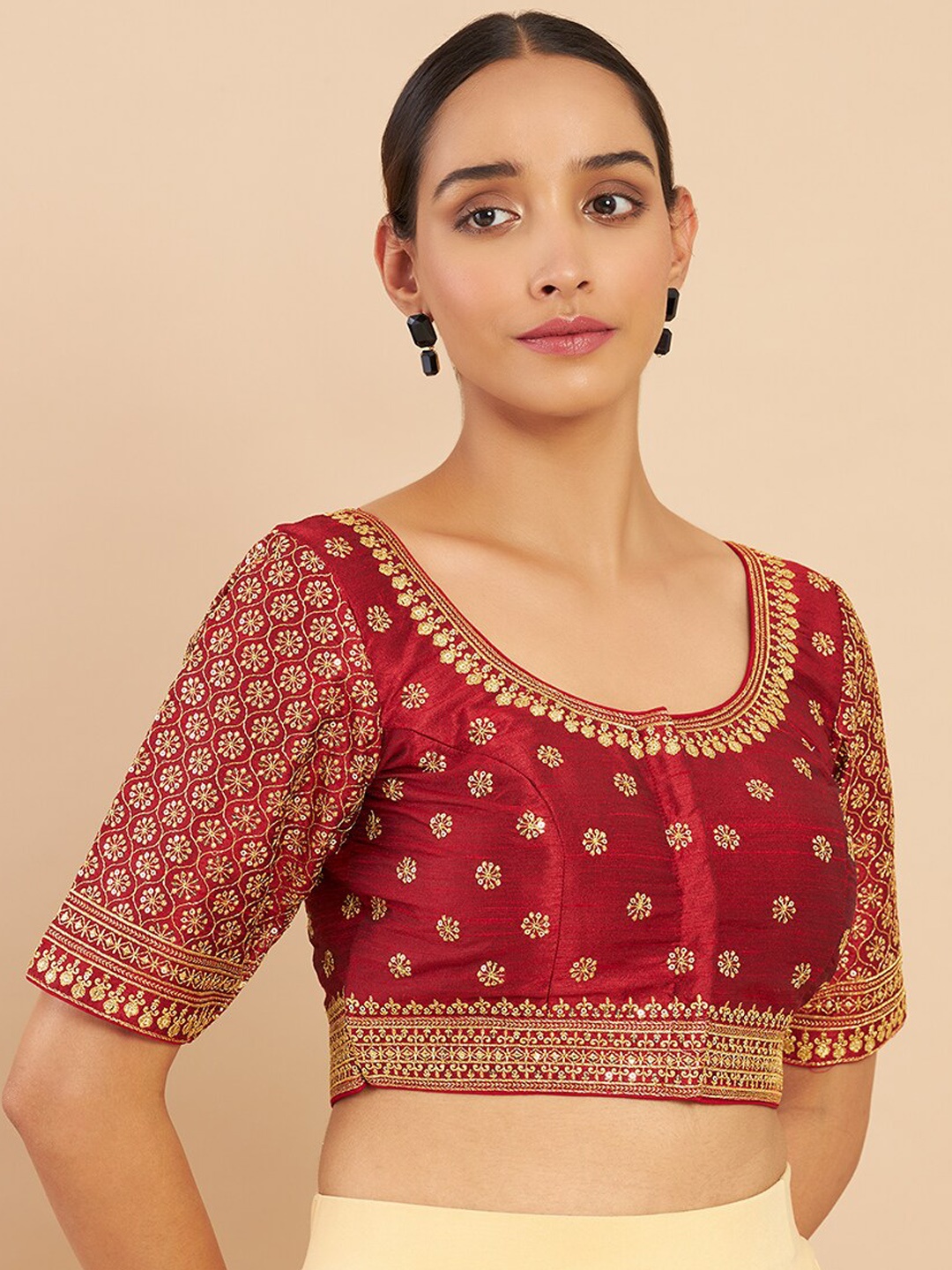 

Soch Women Maroon Embellished Art Silk Saree Blouse