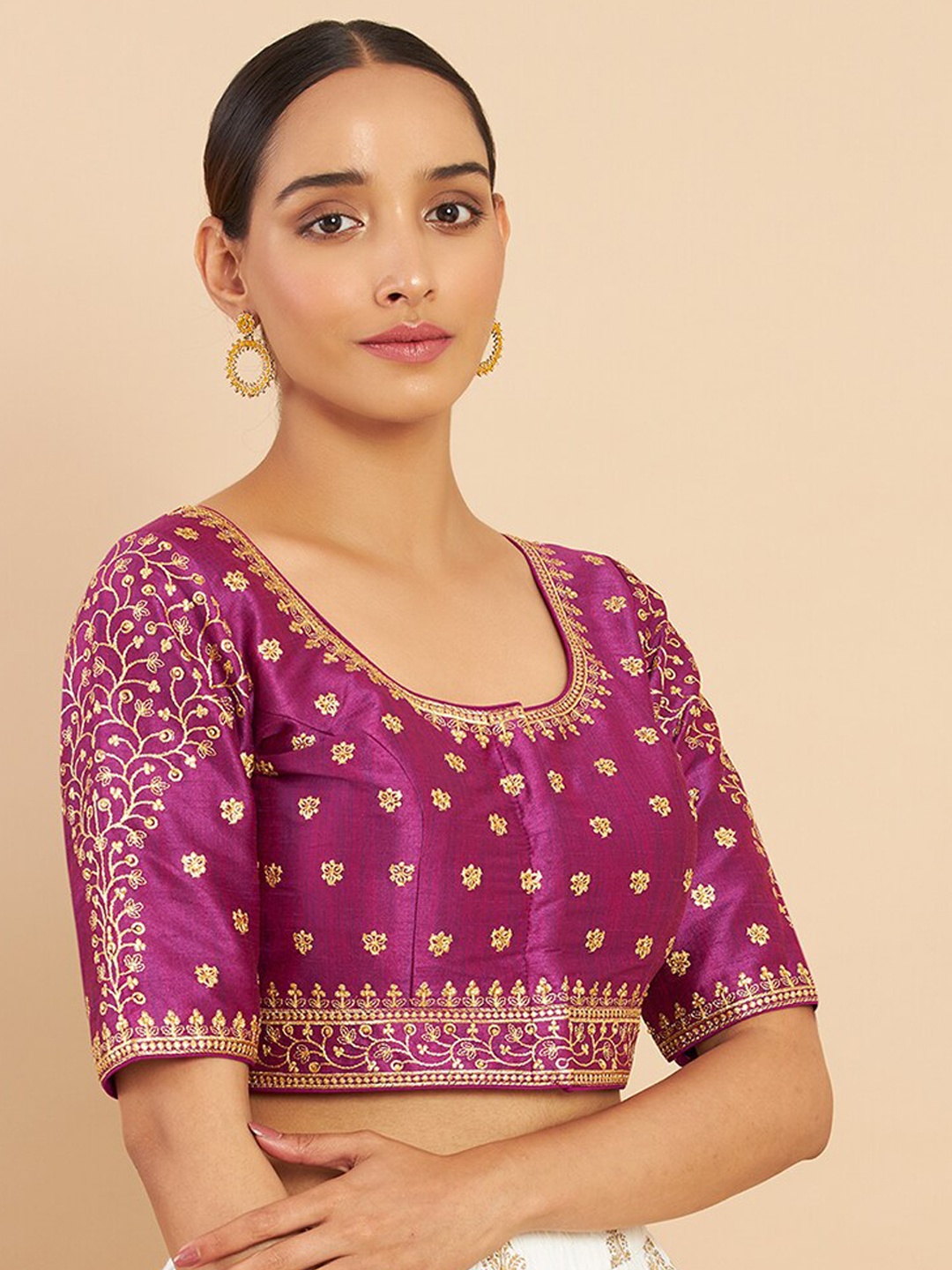 

Soch Women Purple Embroidered Art Silk Blouse