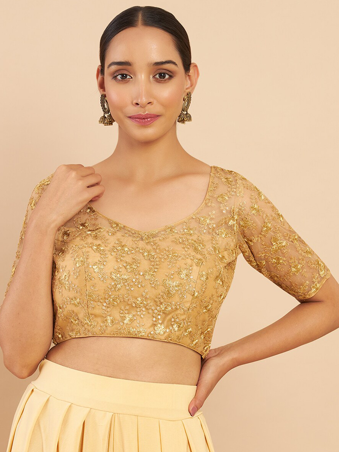 

Soch Golden Floral Embroidery And Sequins Net Saree Blouse, Gold