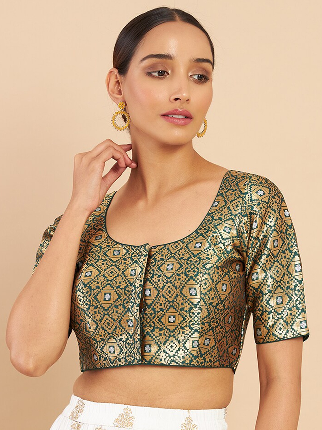 

Soch Green & Gold-Coloured Printed Brocade Saree Blouse
