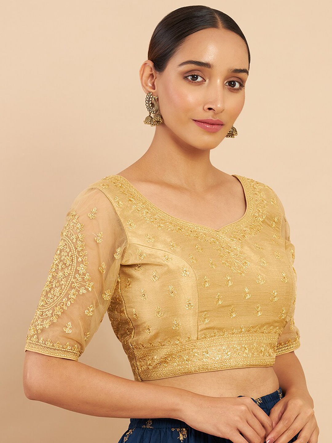 

Soch Women Golden Embroidered Art Silk Blouse, Gold