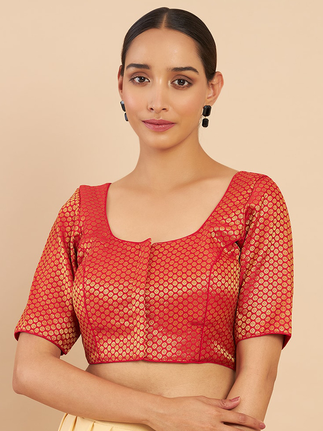 

Soch Red & Golden Printed Brocade Weaving Silk Saree Blouse