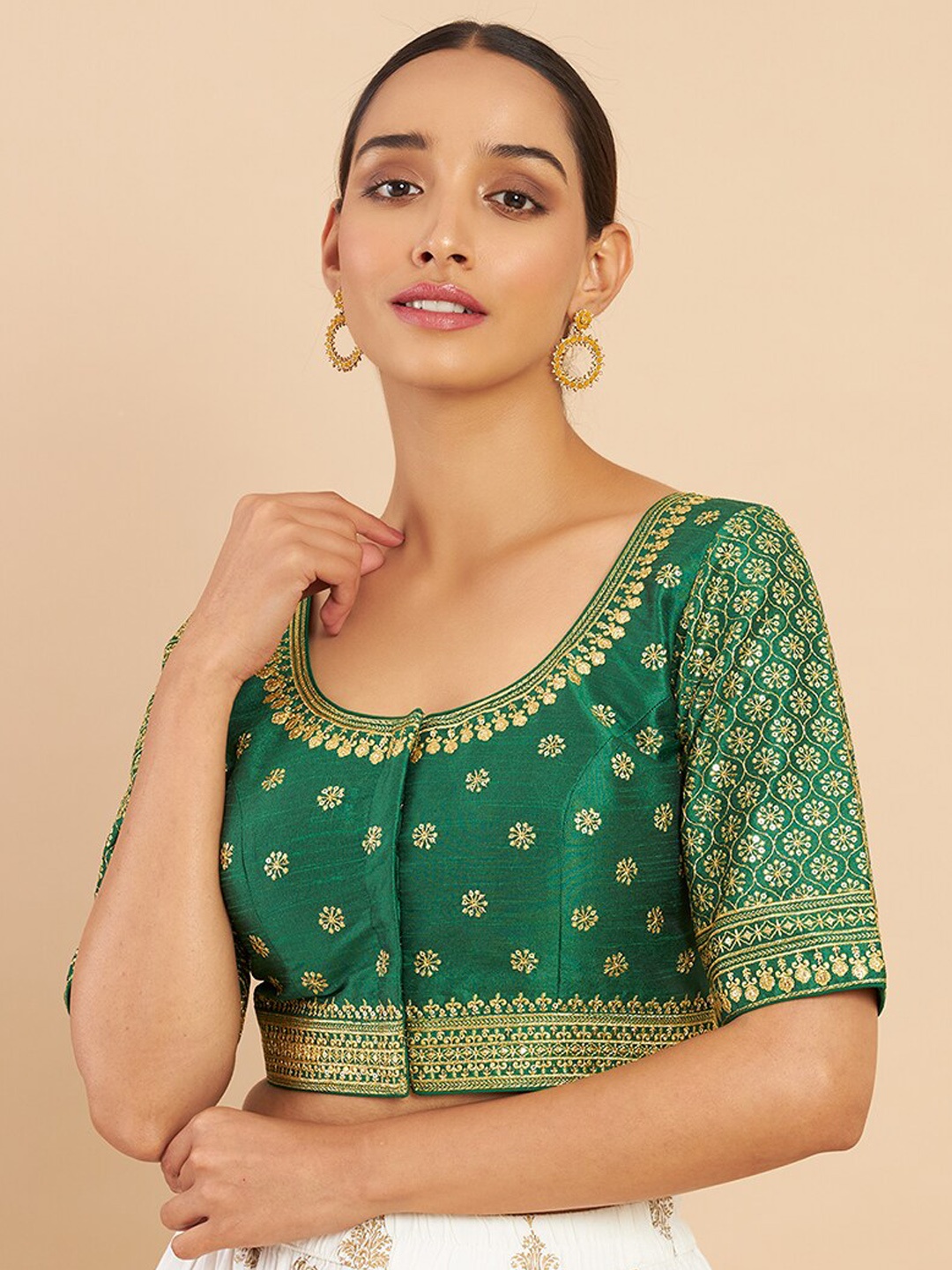 

Soch Green & Golden Ethnic Motifs Embroidered Saree Blouse