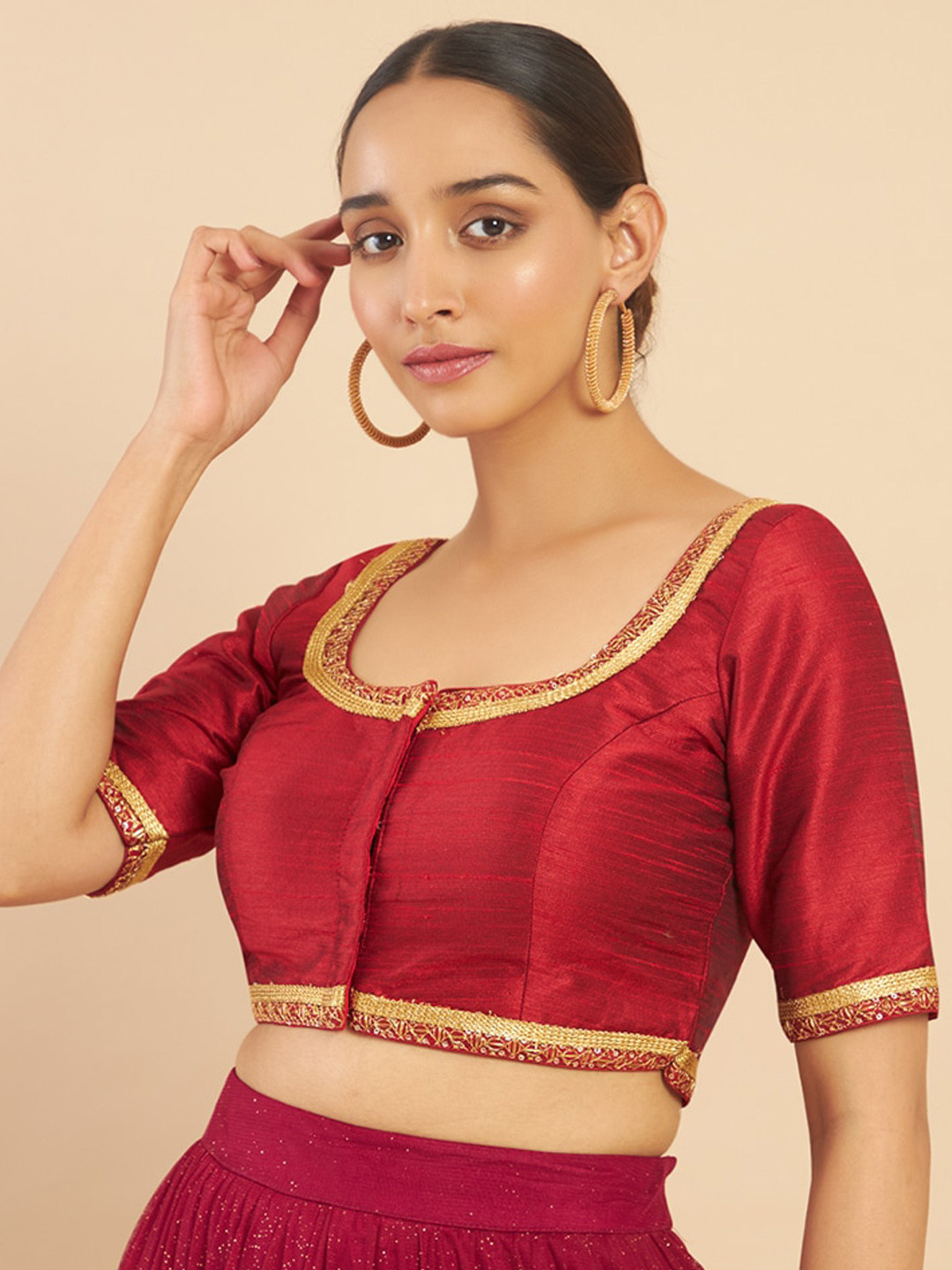 

Soch Maroon Solid Art Silk Saree Blouse With Zari