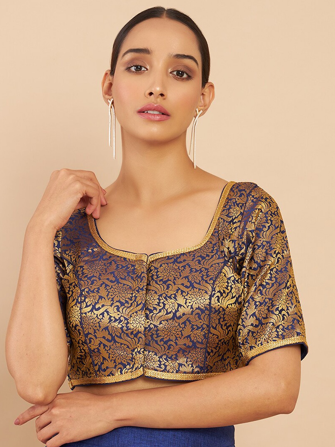 

Soch Women Navy Blue & Gold Coloured Saree Blouse