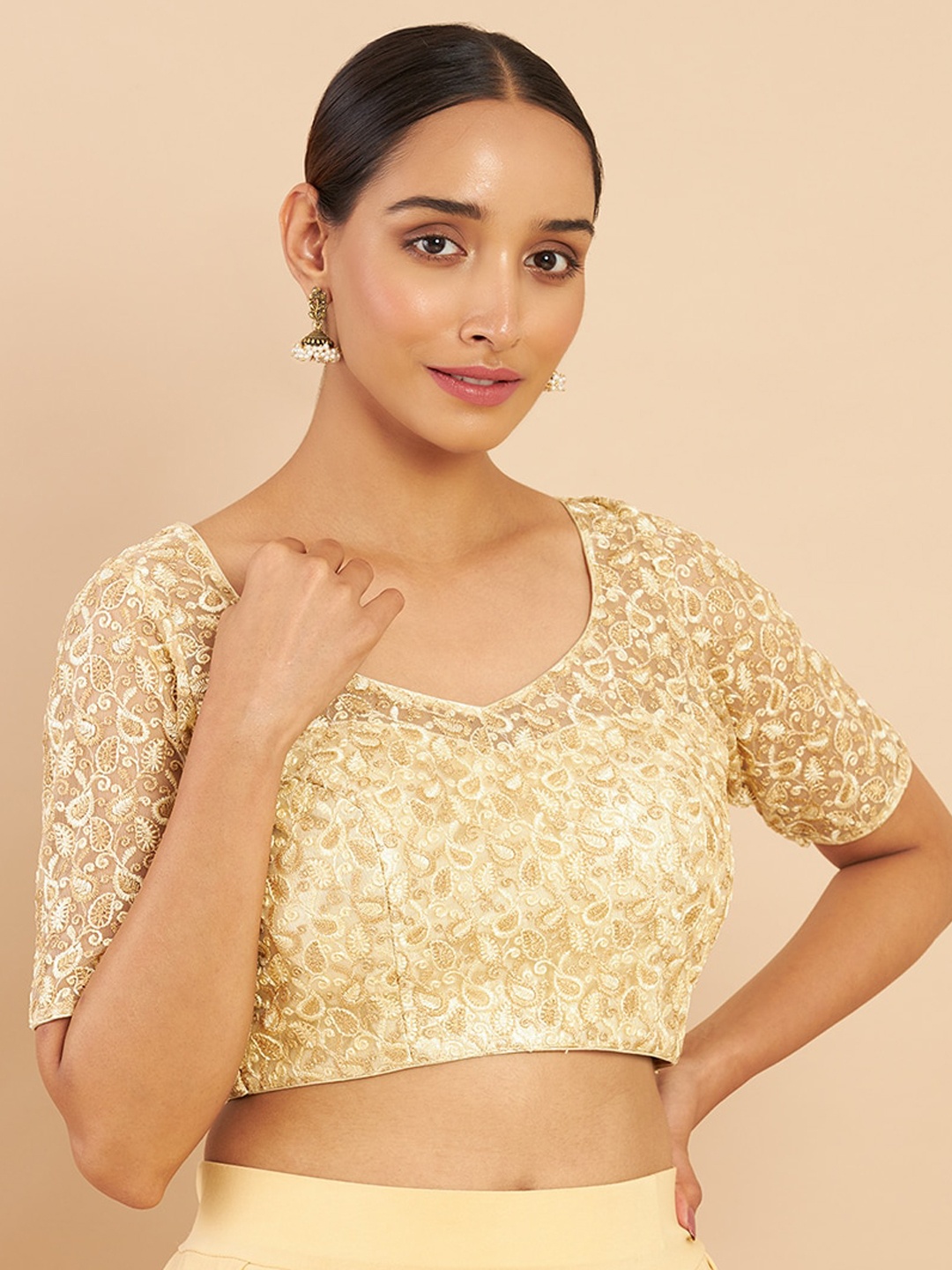 

Soch Gold-Coloured Paisley Embroidery Saree Blouse