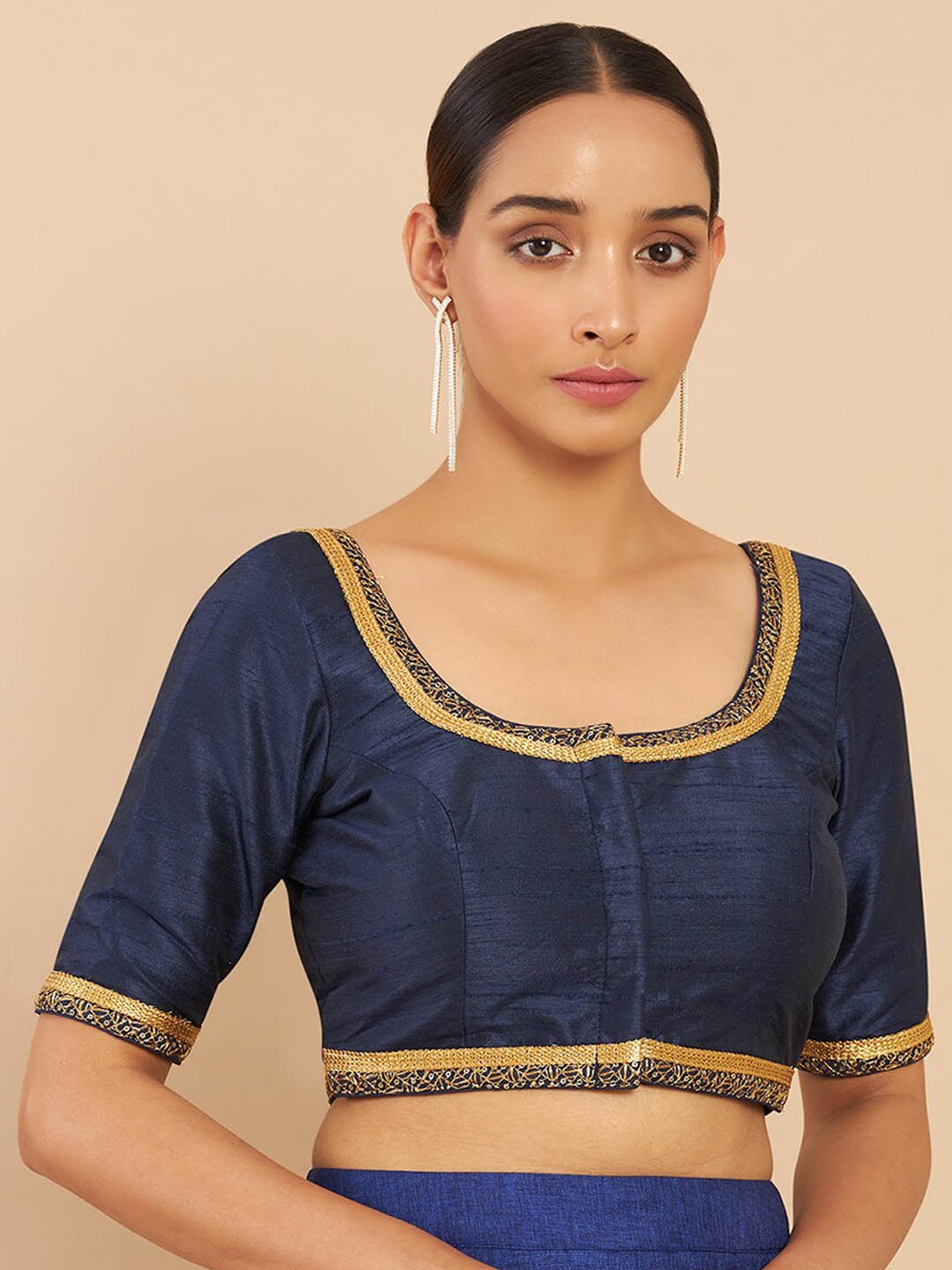 

Soch Navy Blue Solid Saree Blouse