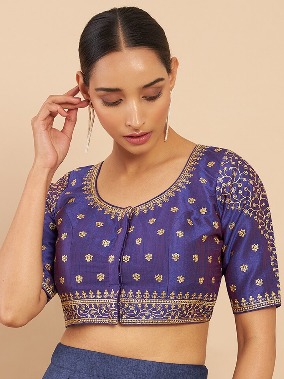 

Soch Women Blue Embroidered Saree Blouse