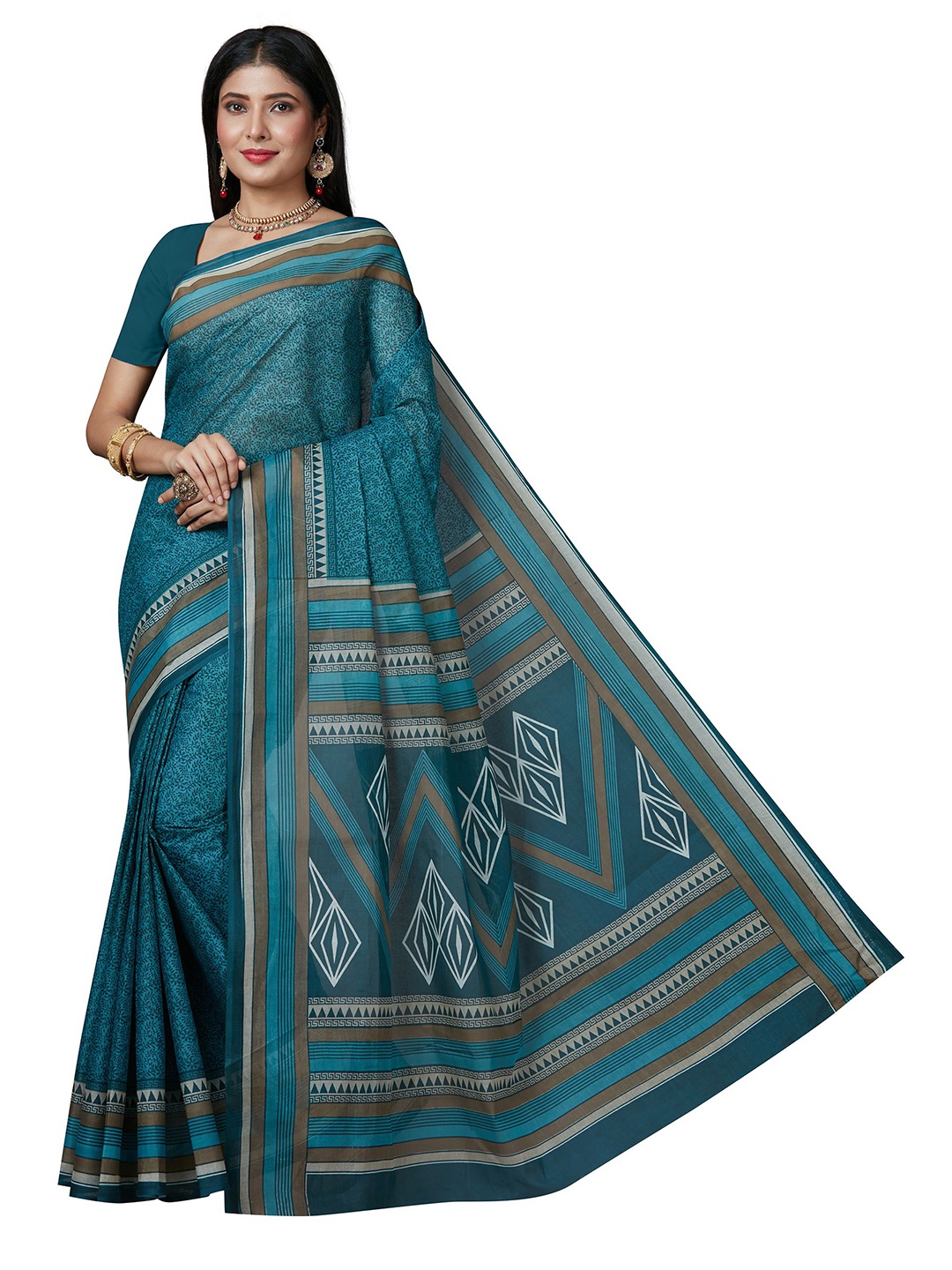 

SHANVIKA Blue & Cream-Coloured Floral Pure Cotton Block Print Saree