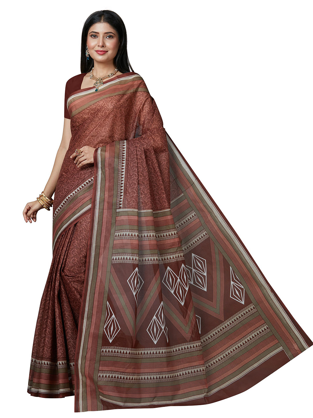 

SHANVIKA Brown & Grey Floral Pure Cotton Block Print Saree