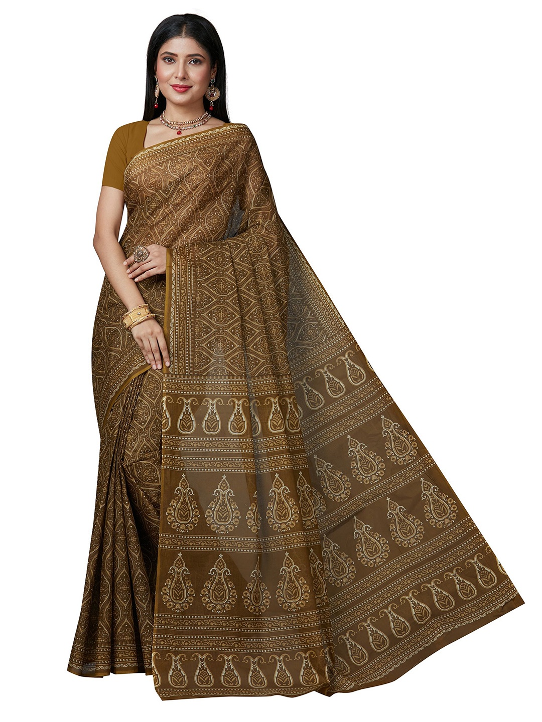

SHANVIKA Mustard & Brown Ethnic Motifs Pure Cotton Block Print Saree