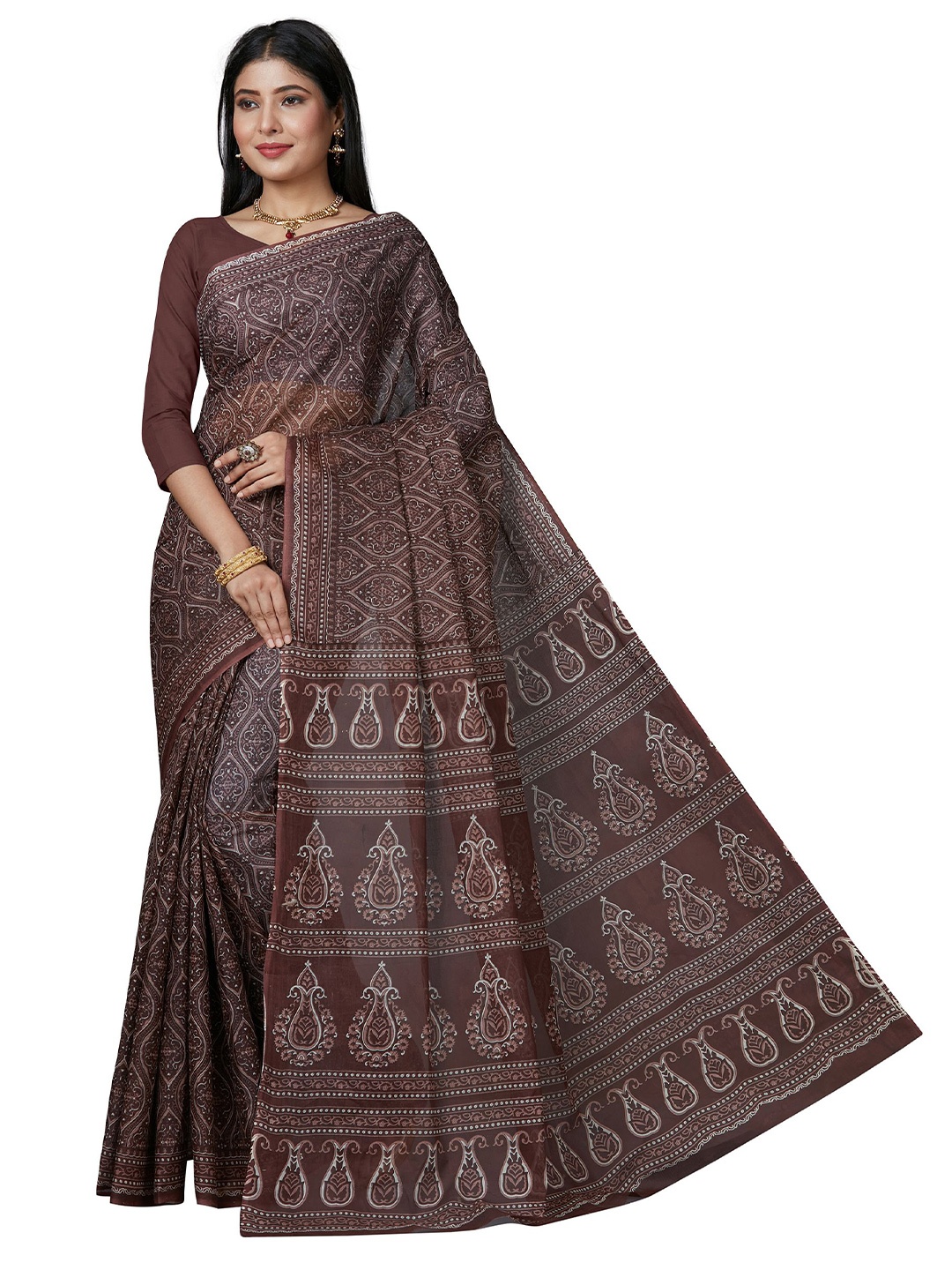 

SHANVIKA Brown & Cream-Coloured Ethnic Motifs Pure Cotton Block Print Saree