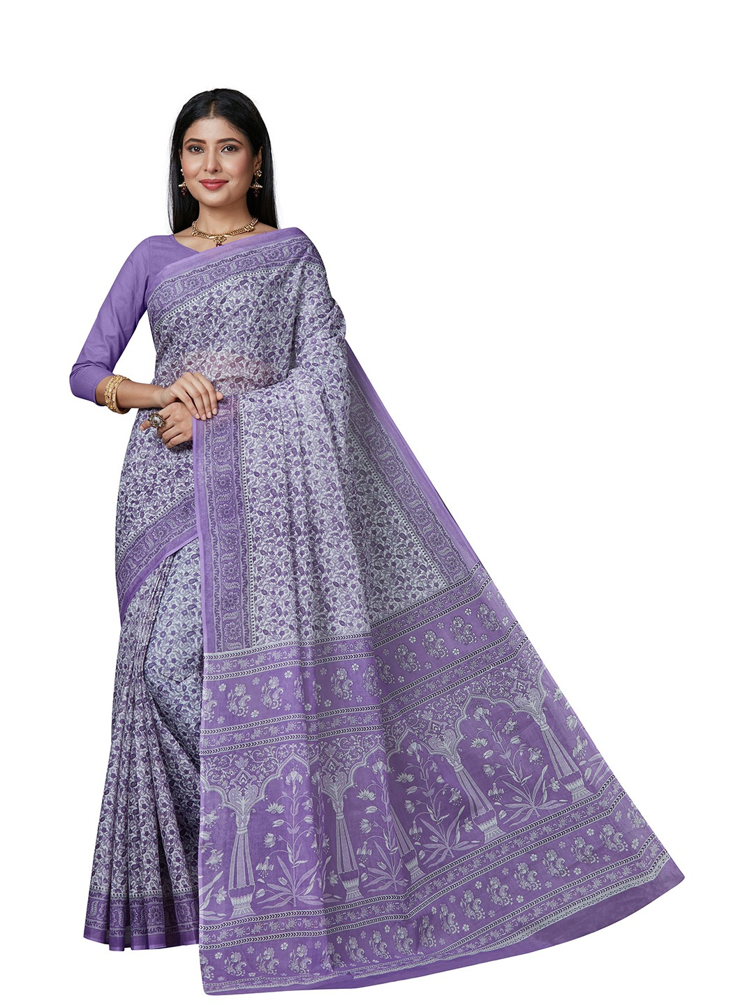 

SHANVIKA Lavender & White Floral Pure Cotton Block Printed Saree