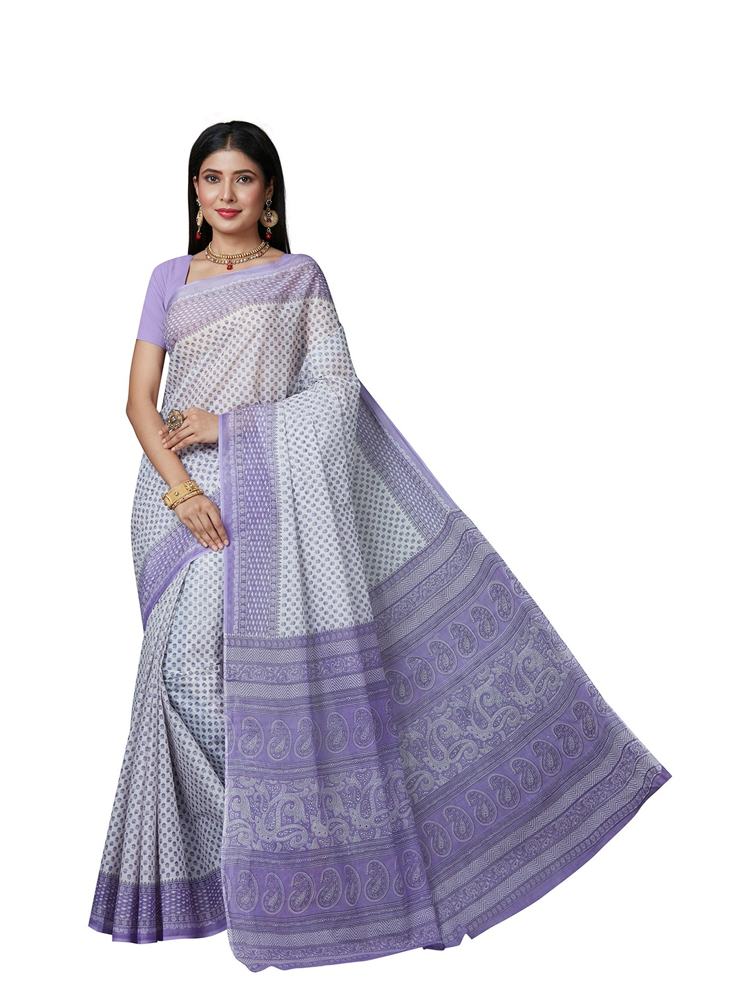 

SHANVIKA Women Lavender & White Floral Pure Cotton Block Print Saree