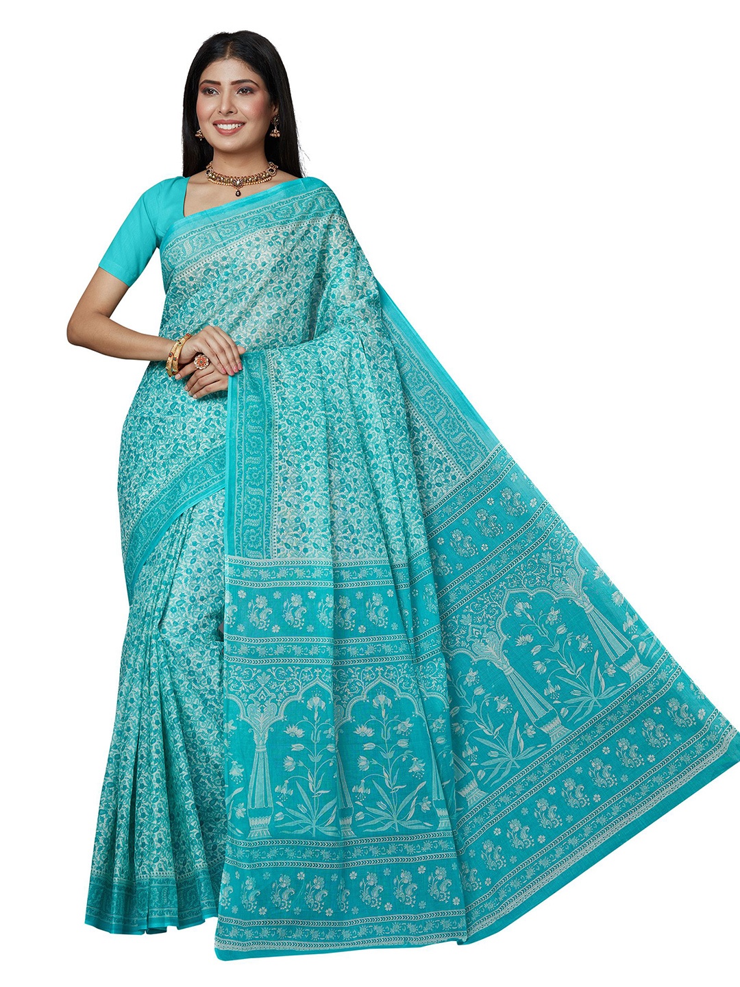 

SHANVIKA Green & Cream-Coloured Floral Pure Cotton Block Print Saree