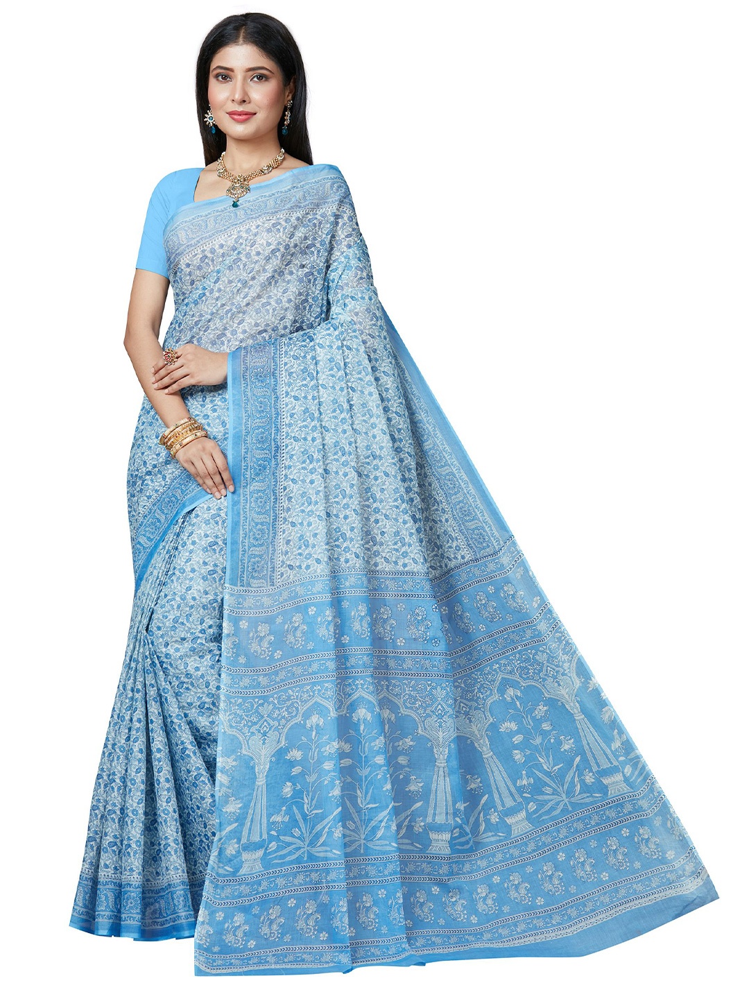 

SHANVIKA Blue & Grey Floral Pure Cotton Block Print Saree