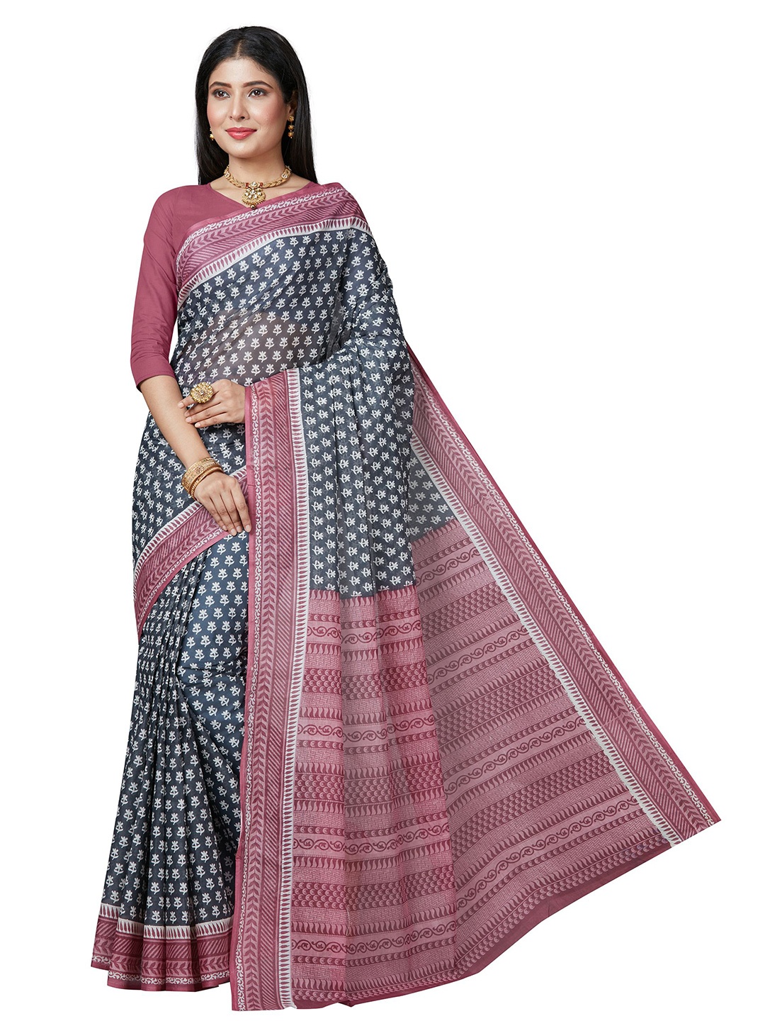 

SHANVIKA Grey & White Ethnic Motifs Pure Cotton Block Print Saree