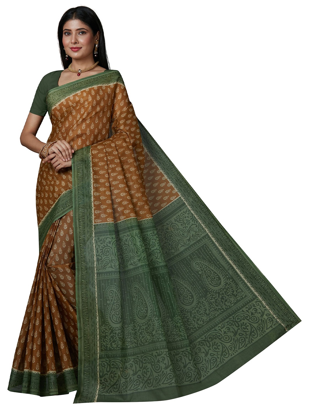 

SHANVIKA Mustard & Green Ethnic Motifs Pure Cotton Block Print Saree