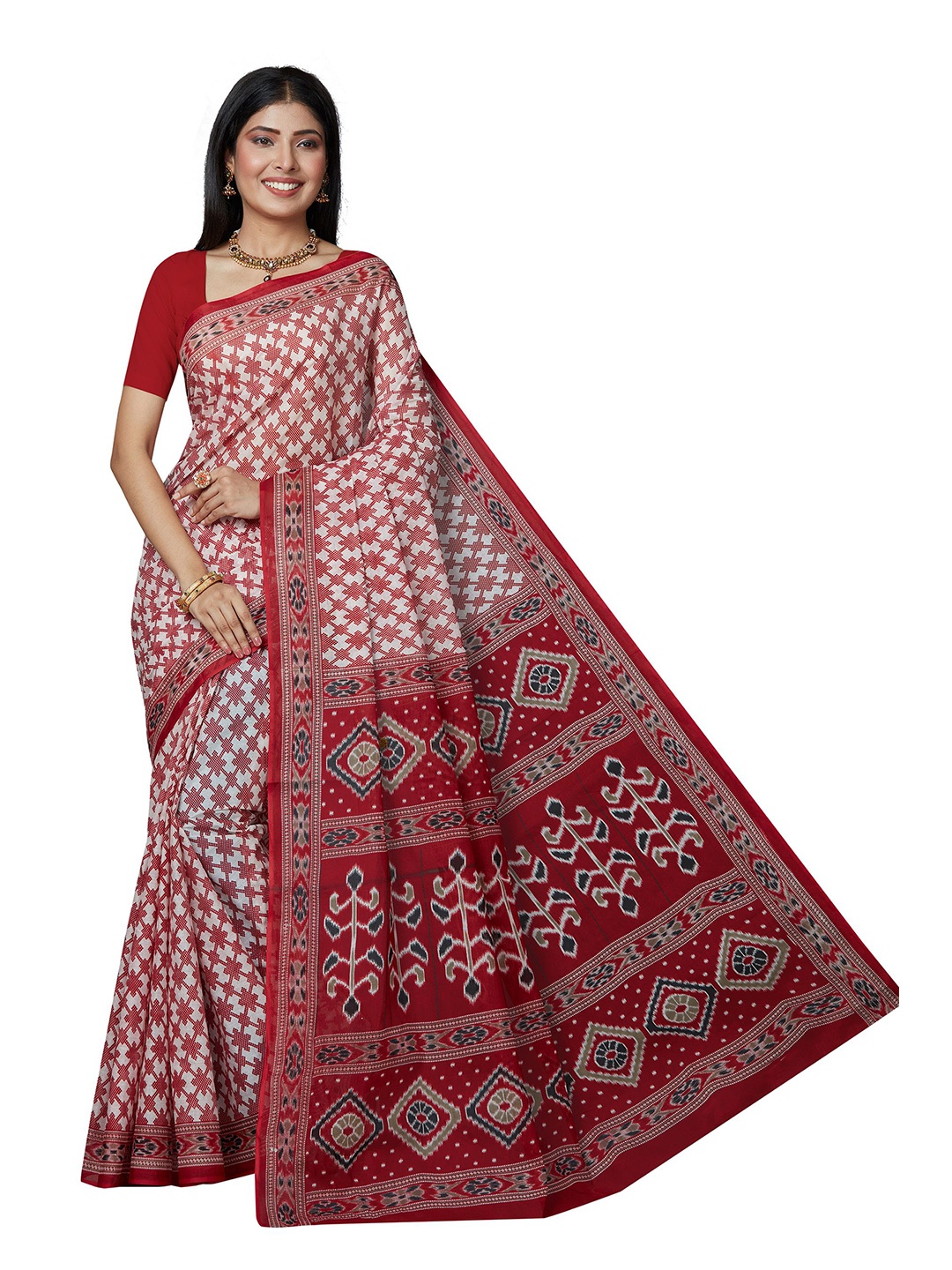 

SHANVIKA White & Maroon Checked Pure Cotton Block Print Saree