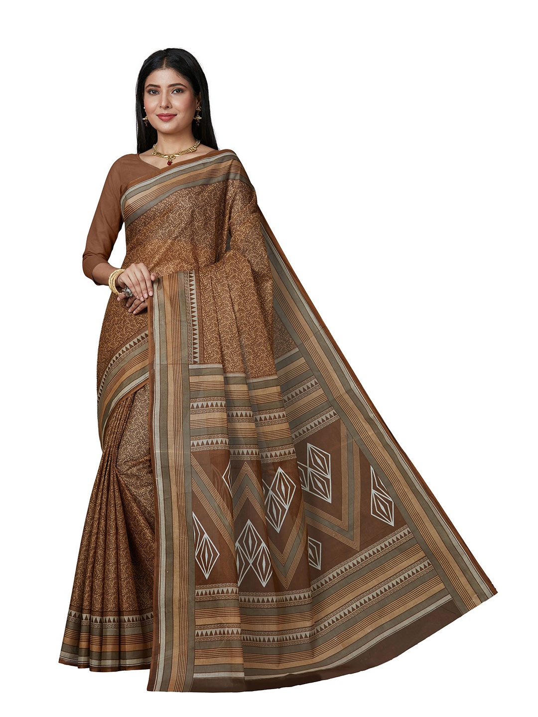 

SHANVIKA Mustard & Brown Floral Pure Cotton Block Print Saree