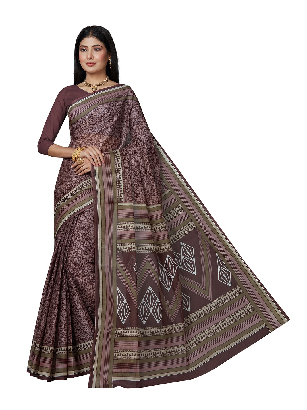

SHANVIKA Purple & White Floral Pure Cotton Block Print Saree