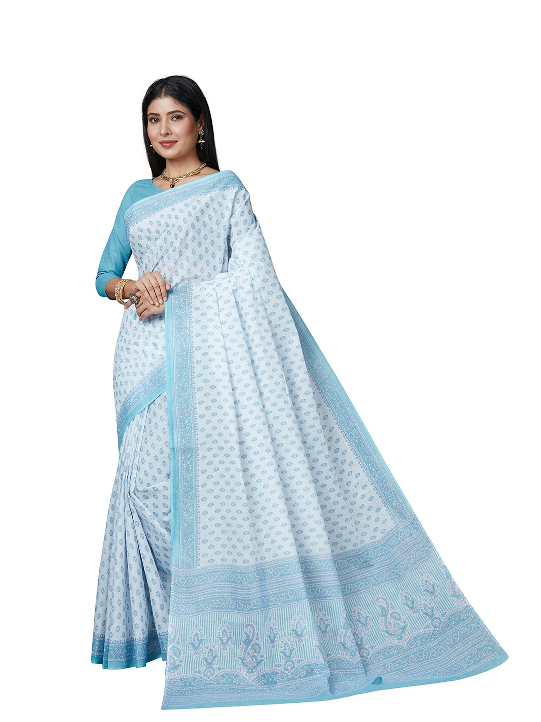 

SHANVIKA White & Blue Ethnic Motifs Pure Cotton Block Print Saree