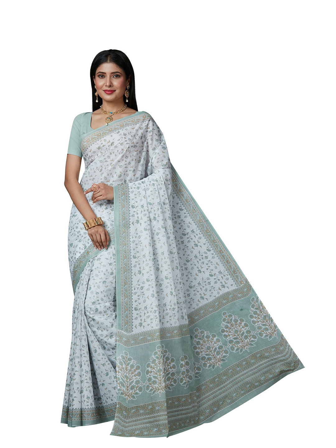 

SHANVIKA White & Green Floral Pure Cotton Saree