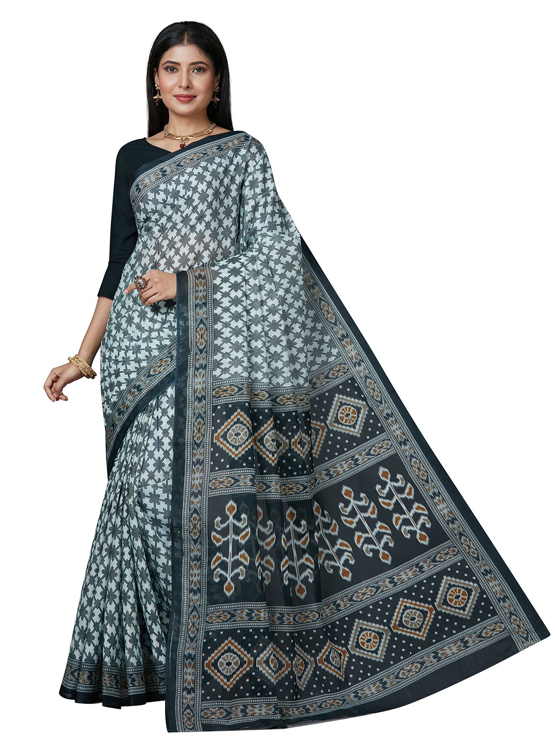 

SHANVIKA White & Blue Checked Pure Cotton Block Print Saree