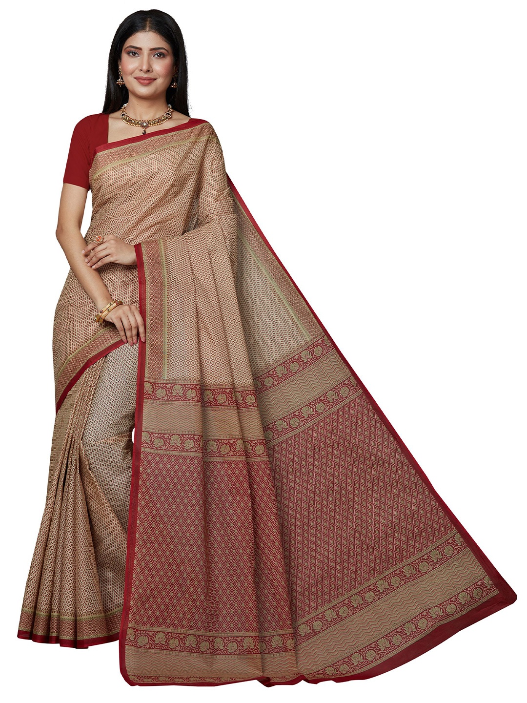 

SHANVIKA Beige & Maroon Pure Cotton Block Print Saree