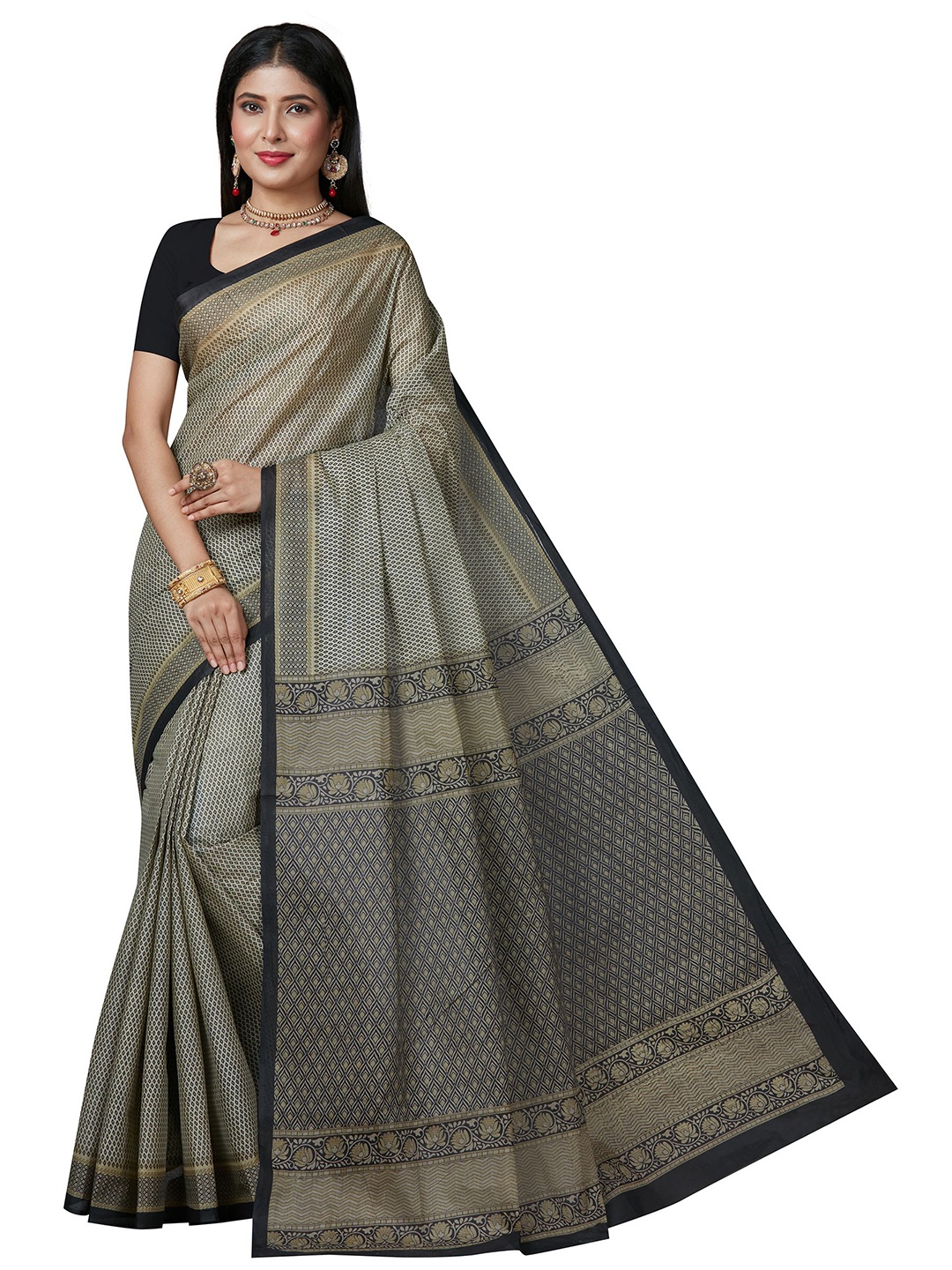 

SHANVIKA Beige & Blue Pure Cotton Block Print Saree