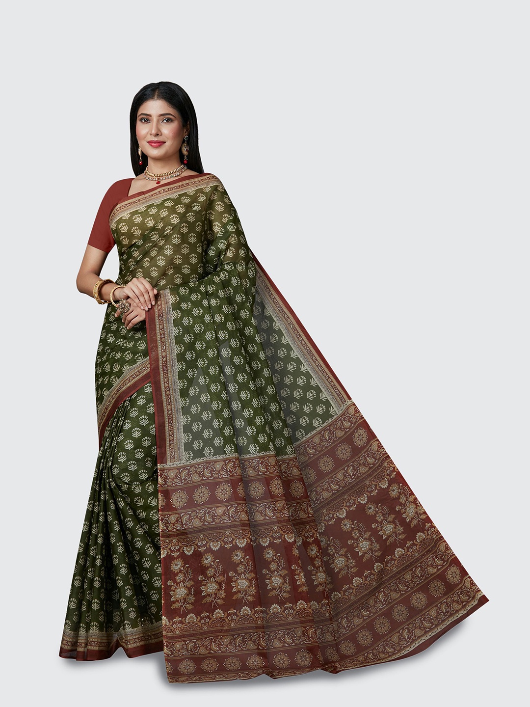 

SHANVIKA Green & Maroon Ethnic Motifs Print Pure Cotton Saree