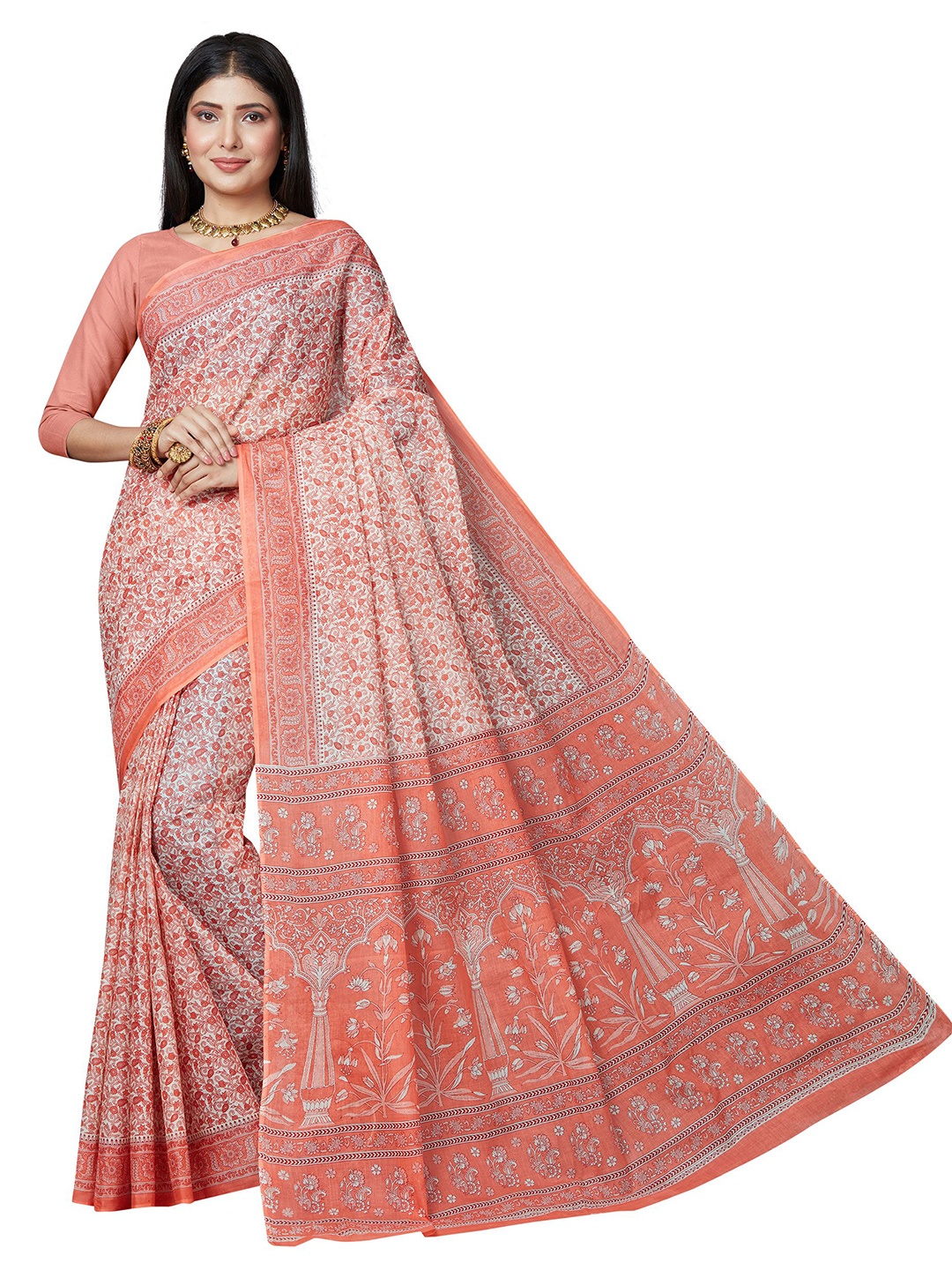

SHANVIKA Women Peach & White Floral Print Pure Cotton Saree