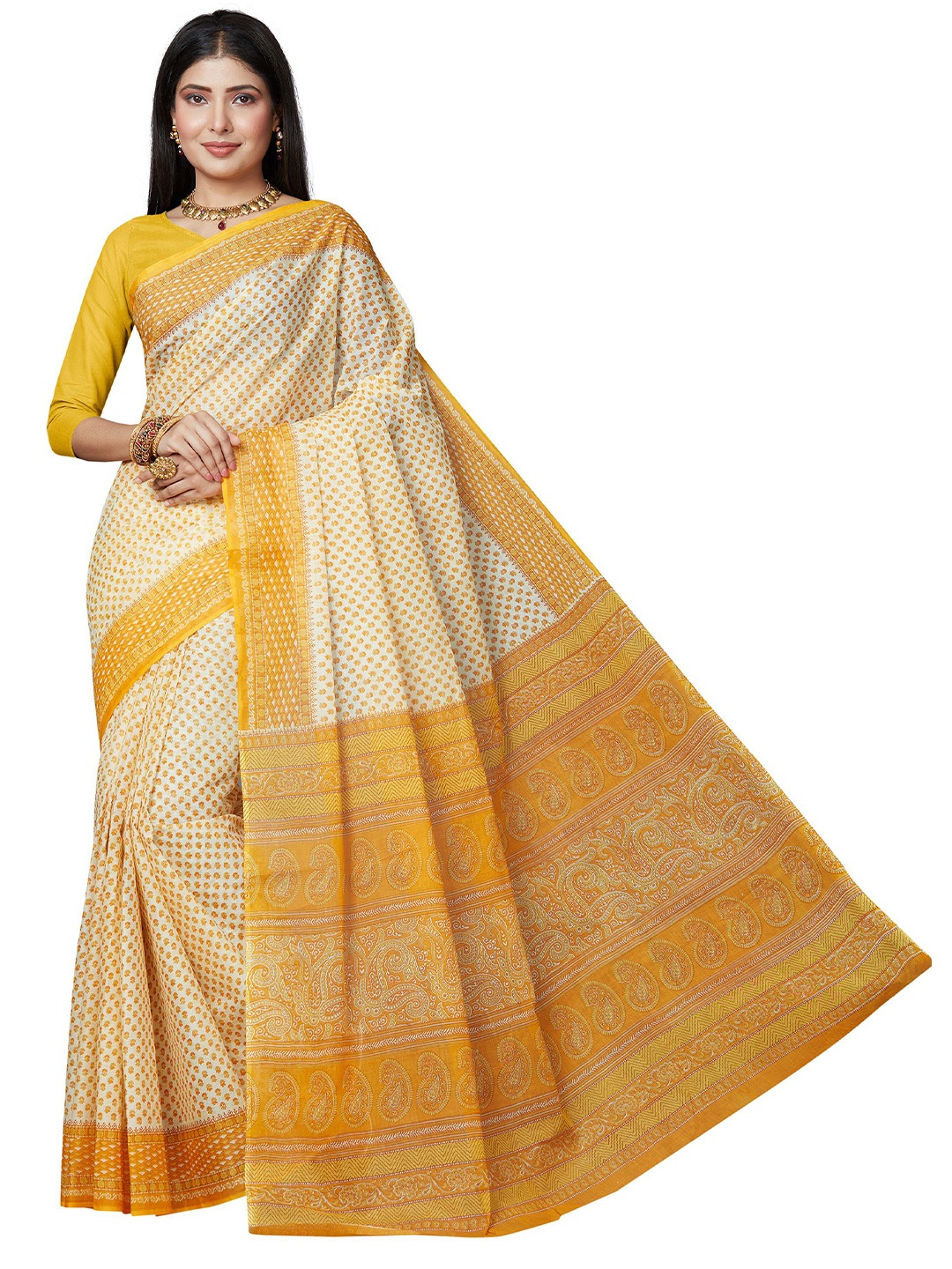 

SHANVIKA Yellow & White Floral Pure Cotton Block Print Saree