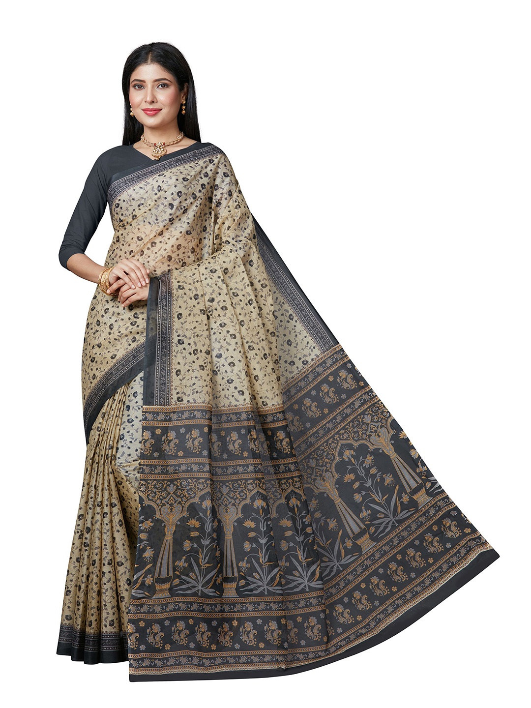 

SHANVIKA Beige & Charcoal Floral Pure Cotton Block Print Saree
